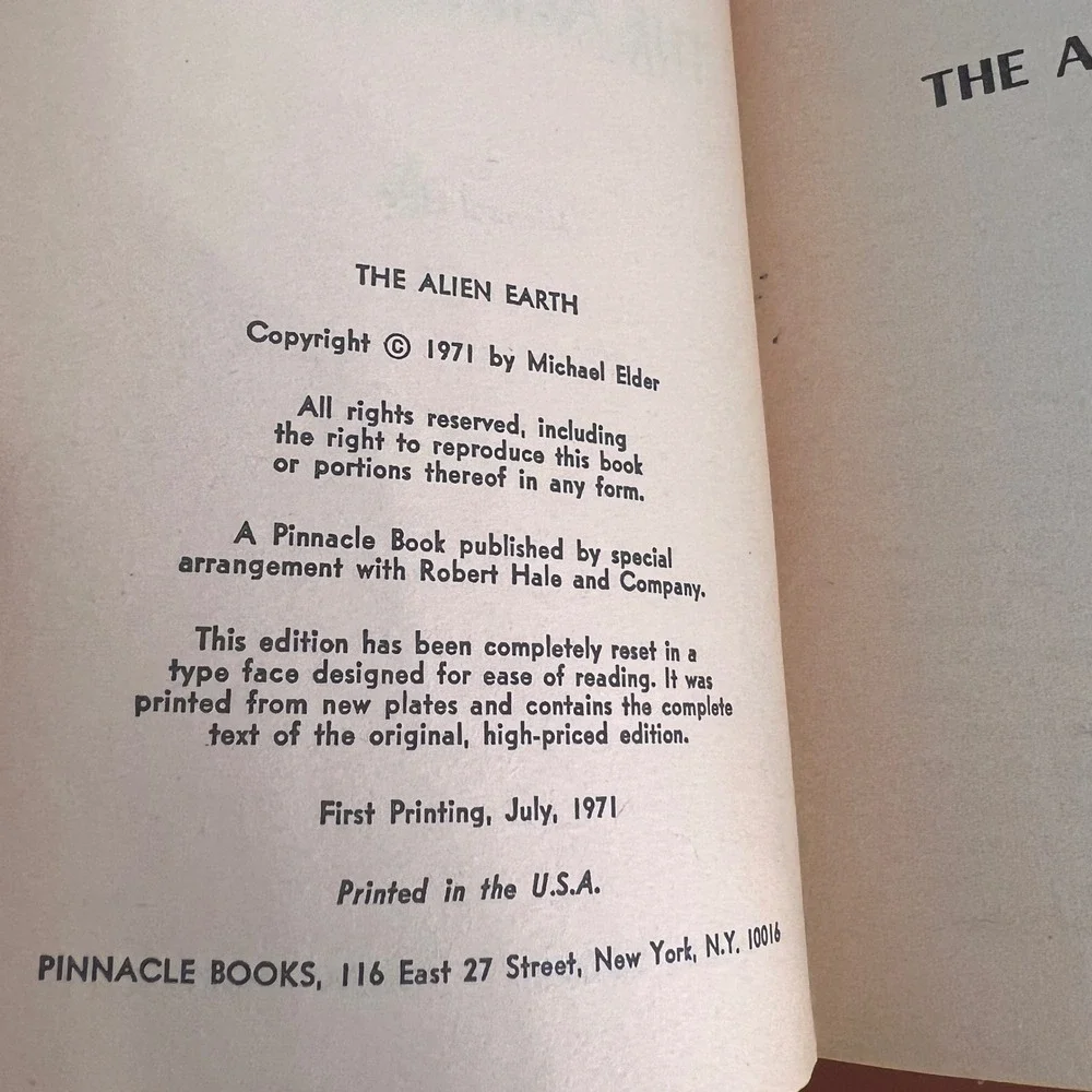 The Alien Earth Michael Elder 1971 Pinnacle Books First Print Sci-Fi Paperback